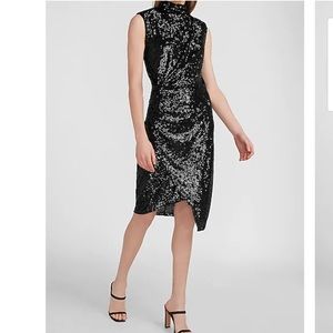 EXPRESS | Black Sequin Asymmetrical Mock Neck Cocktail Formal Dress women size S